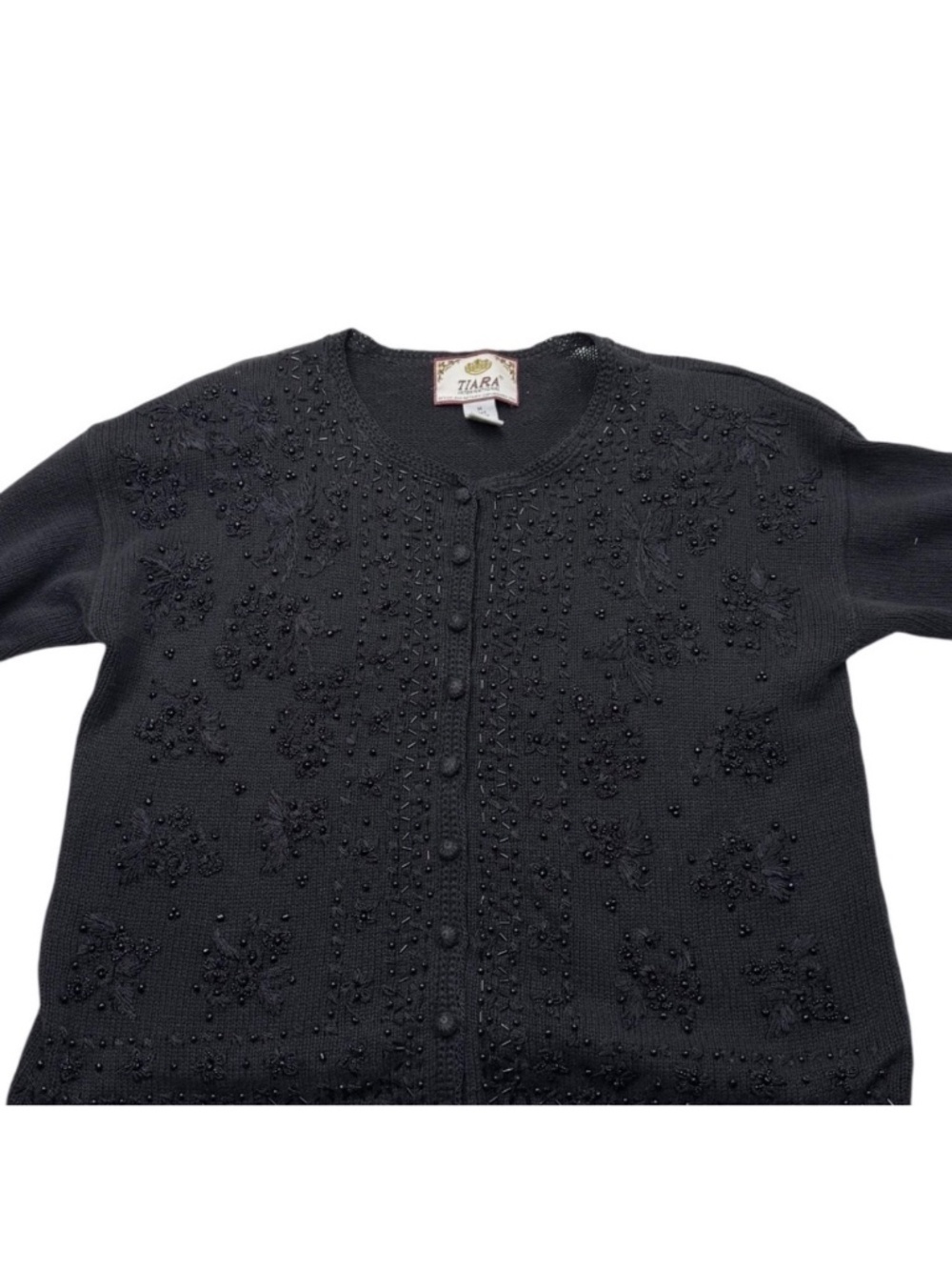 Tiara International Vintage 90s Black Beaded Embroidered Cardigan M